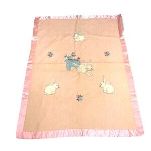 Vintage Wool Baby Blanket Bunny Appliqué Embroidery Pink Satin Trim Crib 37x29